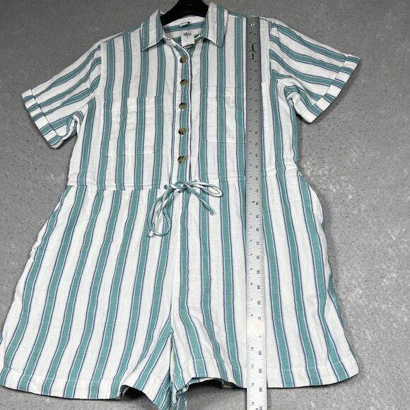 Old Navy Womens PM  Romper Blue Stripe Gauze Cinch Pockets 100% Cotton Button - Picture 8 of 14